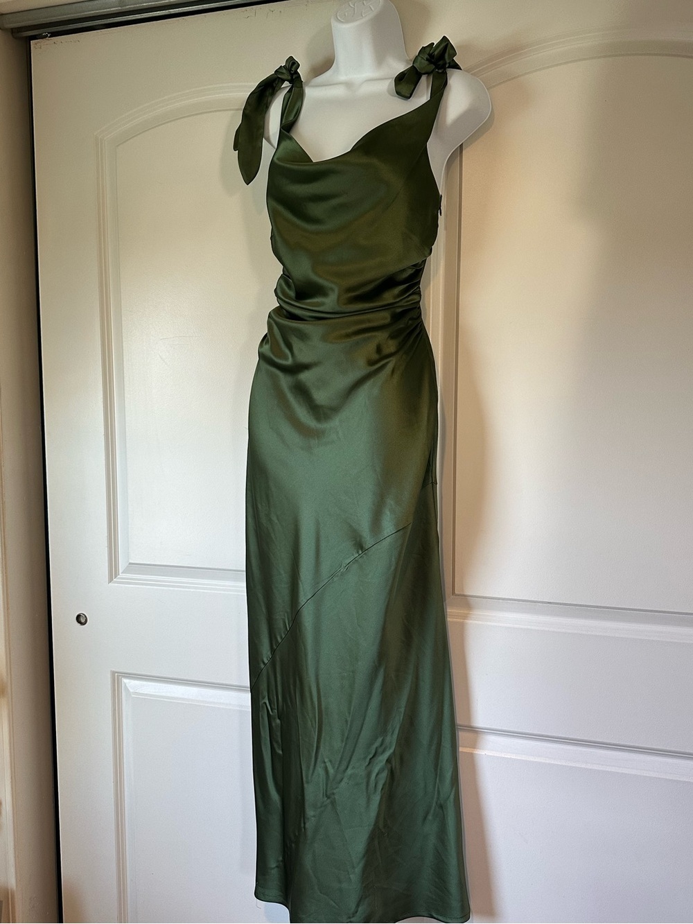 Petal & Pup Olive Green Satin Tie-Shoulder Maxi Dress